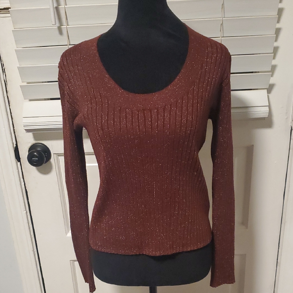 a new day Chocolate Ribbed Knit Top With Gold Shimmer